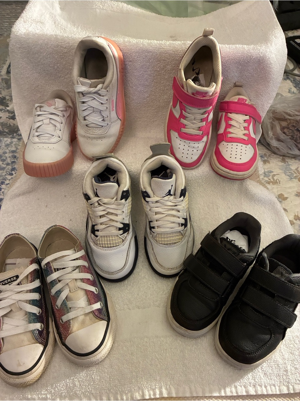 Lot of 5 Kids White and Navy Athletic Sneakers-2Nike, 1 Puma, 1 Converse,1Xray
